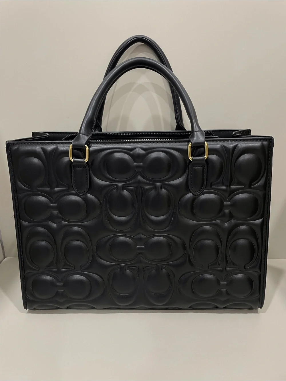 Coach Black Signature Embossed Leather Tote with Cherry Charm